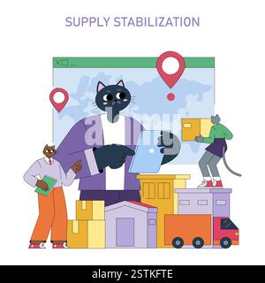 La stabilisation de l'offre est cruciale pour une logistique et une gestion des stocks efficaces. Cette illustration capture l'essence de la dynamique moderne de la chaîne d'approvisionnement avec des personnages anthropomorphes engagés dans diverses tâches. Ils représentent la coordination de la technologie et des ressources essentielles au maintien de la stabilité dans les chaînes d'approvisionnement. Illustration vectorielle. Illustration de Vecteur