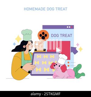 Célébrez la Journée nationale du chiot avec une illustration amusante montrant un chef cuisinier et un chien enjoué créant ensemble des friandises maison pour chiens. Cette scène engageante met en évidence le plaisir de cuisiner pour les animaux de compagnie et encourage les collations saines et délicieuses. Parfait pour les amoureux des animaux de compagnie et les propriétaires de chiens qui cherchent à ajouter des friandises spéciales à l'alimentation de leurs amis à fourrure. Illustration vectorielle. Illustration de Vecteur