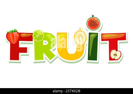 Dessin animé mot FRUIT pour votre logo de conception, impression, jeux ou autocollants. Lettres de dessin animé vectoriel avec fraises, citron vert, pastèque, melon et pomme Illustration de Vecteur