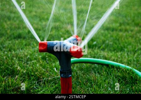 Système d'arrosage de jardin arrosant la pelouse , gros plan Banque D'Images
