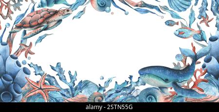 Monde sous-marin avec des animaux marins, tortue, baleine, coquillages, coraux, poissons, algues, étoiles de mer et bulles. Illustration d'aquarelle dessinée à la main. Marine Banque D'Images
