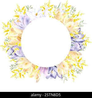 Une couronne de fleurs printanières. Jacinthes, croques et mimosa sont peints à la main à l'aquarelle sur fond blanc. L'illustration convient à la conception de cartes, à l'emballage et aux textiles Banque D'Images