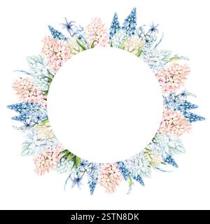 Une couronne de fleurs printanières. Jacinthes, croques et mimosa sont peints à la main à l'aquarelle sur fond blanc. L'illustration convient à la conception de cartes, à l'emballage et aux textiles Banque D'Images