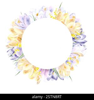 Une couronne de fleurs printanières. Jacinthes, croques et mimosa sont peints à la main à l'aquarelle sur fond blanc. L'illustration convient à la conception de cartes, à l'emballage et aux textiles Banque D'Images
