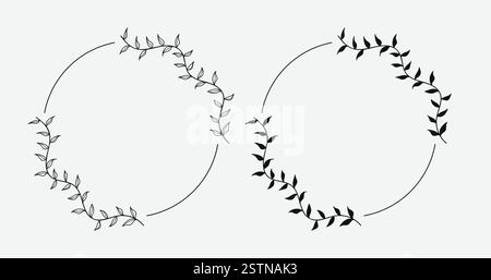 Couronne de printemps dessinée par vecteur à la main isolée sur fond blanc. Délimiter le cercle des lames. Griffonner. Cadre floral. Illustration de Vecteur
