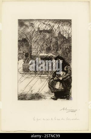 Gravure de 1901 par Auguste Lepère montrant une femme avec un panier marchant le long du quai de la Tournelle à Paris, avec un vendeur de livres et une calèche passant sous la pluie. Banque D'Images