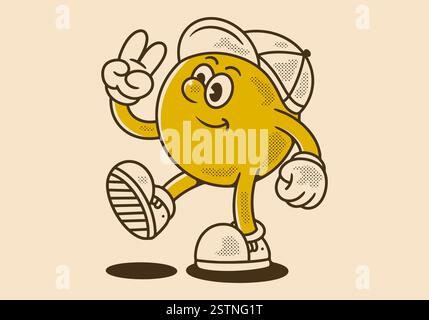 personnage mascotte de tête de boule de marche portant un chapeau avec des mains formant un symbole de paix dans un style rétro Illustration de Vecteur