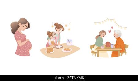Fête des mères. Set, mère et enfant, grand-mère et mère, mère et fille, femme enceinte Illustration de Vecteur