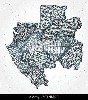 Les nuages de mots des régions du Gabon. Forme de pays sur fond texturé. Gabon design dans un style typographique. Illustration vectorielle élégante. Illustration de Vecteur