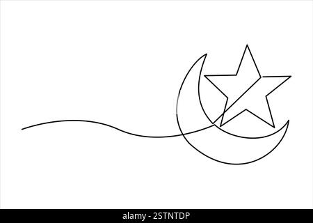 Dessin continu d'une ligne de lune en croissant et étoile Ramadan isolé sur fond blanc illustration d'art vectoriel Illustration de Vecteur