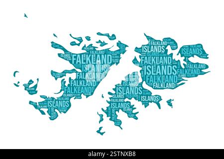 Forme des îles Malouines. Nuage de mots de pays avec division de région. Iles Malouines illustration colorée. Nuage de noms de région. Illustration vectorielle. Illustration de Vecteur