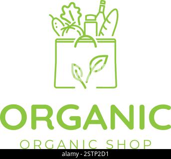 Sac en papier d'épicerie avec logo linéaire d'aliments biologiques. Illustration vectorielle d'achat d'épicerie végétarienne. Illustration de Vecteur