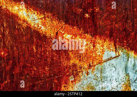 Feuille de fer rouillée avec une ligne de peinture blanche dans la diagonale Banque D'Images