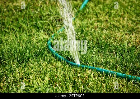 Arroseur de pelouse DIY travaillant dans l'herbe répandant l'eau sur toute la zone, copyspace Banque D'Images