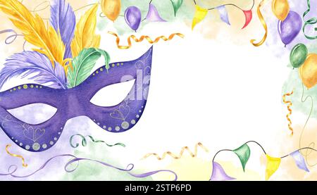 Masque de carnaval avec des plumes d'oiseau colorées, des banderoles de drapeau, des rubans, des cadres de ballons sur fond de tache d'aquarelle. Banque D'Images