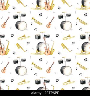 Kit de batterie aquarelle, guitare électrique, saxophone, trombone parmi les notes de musique noires sans couture motif isolé fond. Percussions musicales Banque D'Images