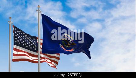 Drapeau de l'État du Dakota du Nord agitant avec le drapeau américain. Bleu avec blason. Aigle au-dessus du rouleau du Dakota du Nord. rendu d'illustration 3d. Focales sélectives Banque D'Images