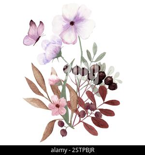 Arrangement de fleurs d'aquarelle avec des branches, des fleurs, des baies et des papillons sur fond blanc Banque D'Images
