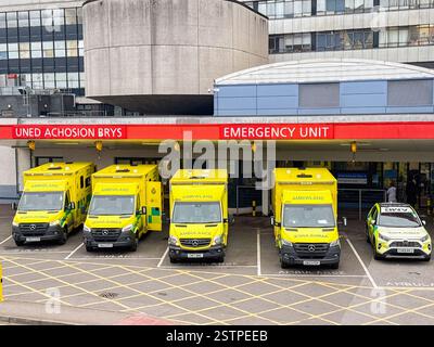 Cardiff, pays de Galles, Royaume-Uni - 17 février 2025 : ambulances devant le service des urgences et des accidents de l'hôpital de santé près du centre-ville de Cardiff Banque D'Images