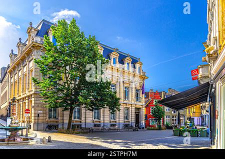 Ancien bâtiment coloré Federale dienst van de Gouverneur Oost-Vlaanderen et fontaine sur une petite place dans le centre historique de la ville de Gand, Flandre orientale pr Banque D'Images