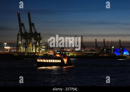 Hambourg, Allemagne. 19 février 2025. Un ferry portuaire HVV circule sur l'Elbe en passant par le port de Hambourg. Crédit : Marcus Brandt/dpa/Alamy Live News Banque D'Images