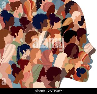Silhouette de visage de femme dans le profil avec un groupe de visages de femmes multiculturelles à l'intérieur. Égalité raciale concept anti-racisme. Femme qui donne la parole. Isolé Illustration de Vecteur