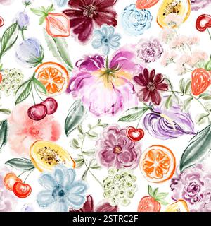 Motif floral fruité aquarelle sans couture. Fond de fruits tropicaux avec des fleurs australiennes exotiques. Ornement de pépinière avec cerise, fraise, orange. Banque D'Images