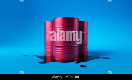 Trois barils de pétrole en métal rouge se tiennent sur une flaque déversée de pétrole brut sur fond bleu. Bassin de pétrole noir. Concept industriel. illustration de rendu 3d. Banque D'Images