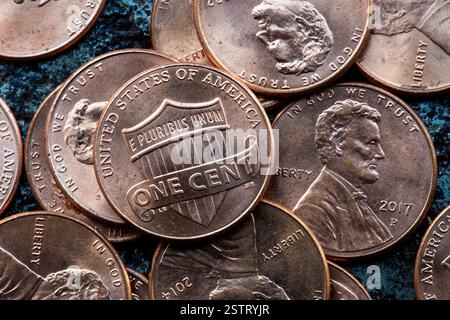 Gros plan de pennies en cuivre brillant, États-Unis, 2025 Banque D'Images