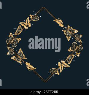 Cadre carré de silhouettes de papillon de paillettes dorées brillantes, Danaus plexippus, Graphium sarpedon et Swallowtail. Idéal pour divers projec de conception Illustration de Vecteur