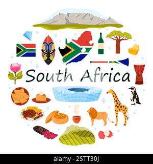 Éléments culturels, nature et point de repère de l'Afrique du Sud bannière infographique ronde. Stade du Cap, montagne de la table et masque Zulu, corne de Vuvuzela et tambour de Jembe, illustration vectorielle de bande dessinée de fleurs de Protea Illustration de Vecteur