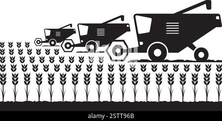 Moissonneuses-batteuses récoltant le blé dans le champ - illustration vectorielle Illustration de Vecteur