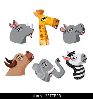 Illustrations vectorielles de dessins animés joyeuses d'animaux avec leurs langues emballées pour le décor des enfants. Illustration de Vecteur