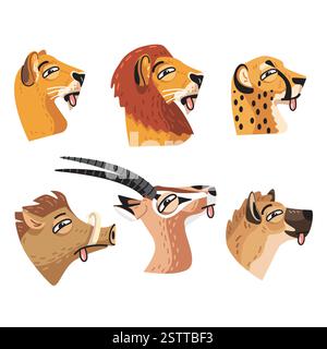 Animaux vectoriels de dessin animé ludiques avec leurs langues dehors, regroupés dans un design mignon. Illustration de Vecteur