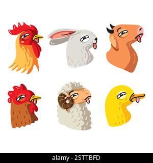 Animaux de bande dessinée vectoriels avec des langues dehors, regroupés dans un design amusant et ludique. Illustration de Vecteur