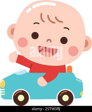 Une illustration de bande dessinée mignonne et joyeuse d'un bébé assis dans une petite voiture jouet bleue, agitant avec une expression joyeuse. Illustration de Vecteur