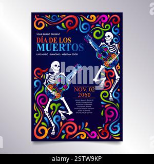 Brochure dia de Muertos. Squelette de danse avec motif d'ornement mexicain aux couleurs vives Illustration de Vecteur