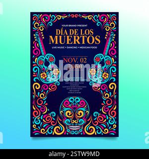 Dia de muertos Flyer, jour du crâne de sucre mort avec guitare et décoration florale mexicaine Illustration de Vecteur