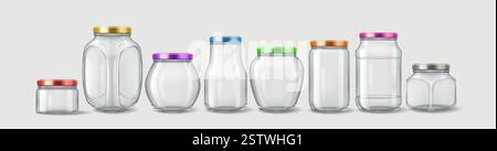 Illustration réaliste 3D avec un ensemble de pots en verre transparent avec des couvercles métalliques de différentes couleurs. Parfait pour le stockage de la cuisine, la conservation des aliments, Illustration de Vecteur