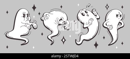 Personnages fantômes groovy avec des émotions expressives sur fond gris. Spectres effrayants en colère, surpris, bouo effrayant et bouleversé. Esprits de bande dessinée rétro avec des étoiles scintillantes pour les designs d'Halloween. Illustration de Vecteur