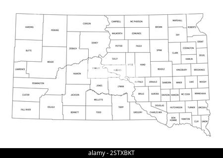 État du Dakota du Sud subdivisé en 66 comtés, carte de contour. État dans la région du centre-nord des États-Unis, surnommé Mount Rushmore State. Banque D'Images