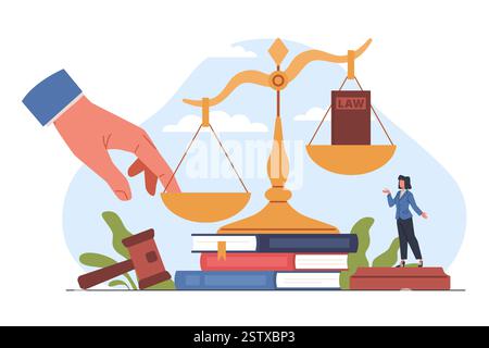 Influence illégale sur le processus judiciaire. Balance de justice et marteau de juge en bois, autorité illégale et corruption. Système de jugement. Législation pénale Illustration de Vecteur