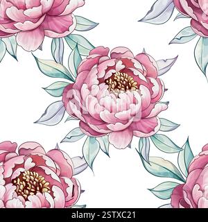 Pivoines vibrantes dans les tons de rose repos parmi les feuilles vertes douces, créant un motif serein qui reflète la beauté de la nature et la tranquillité sans couture Illustration de Vecteur