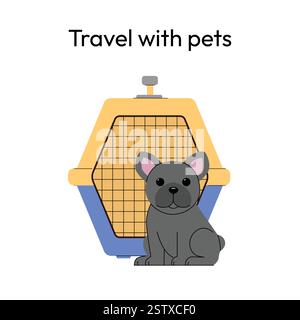 Voyagez avec des animaux illustration vectorielle bouledogue français avec transporteur d'animaux, voyage d'animaux de compagnie en avion, conception plate minimaliste Illustration de Vecteur