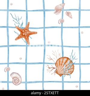 Aquarelle sans couture motif avec étoiles sous-marines et algues, coquillage, perle sur fond damier. Fond nautique avec étoile de mer enfantine pour Banque D'Images