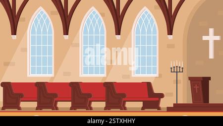 Intérieur de l'église catholique. Fenêtres en verre, bancs en bois, croix sur le mur. Intérieur cathédrale ou temple. Bâtiment gothique traditionnel. Dessin animé style plat i Illustration de Vecteur