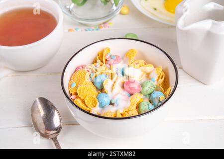 Céréales de petit-déjeuner de Pâques, flocons de maïs avec des œufs de chocolat de Pâques et des saupoudres de sucre, verser du lait ou du yaourt dans la portion de céréales de petit-déjeuner dorées de maïs Banque D'Images
