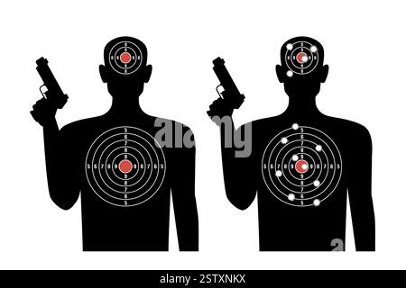 Cible noire pour tirer avec des trous de balle. Silhouettes humaines avec pistolet, score de compétition. Trous de balle. Entraînement aux buts sur le champ de tir. Sport et mil Illustration de Vecteur