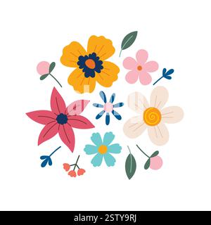 Bouquet de fleurs. Différentes fleurs isolées sur blanc. Illustration vectorielle. Fleurs et herbes d'été et de printemps. Illustration de Vecteur