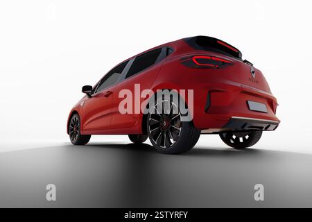 Izmir, Turquie - 19 février 2025 : un rendu 3D du modèle Renault Clio 2024, vu de l'arrière gauche avec un angle bas avec une lentille large, contre un BA blanc Banque D'Images